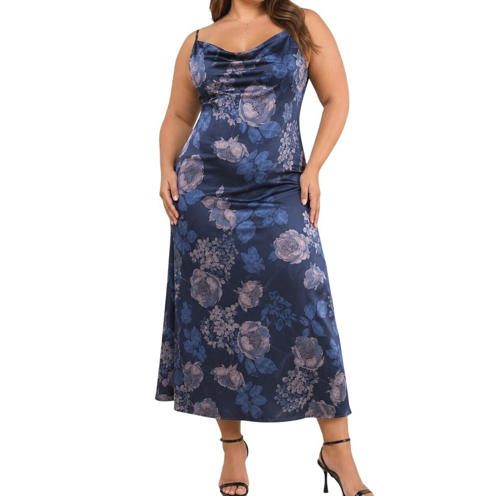 Navy Floral Cowl Neck Satin Midi Dress